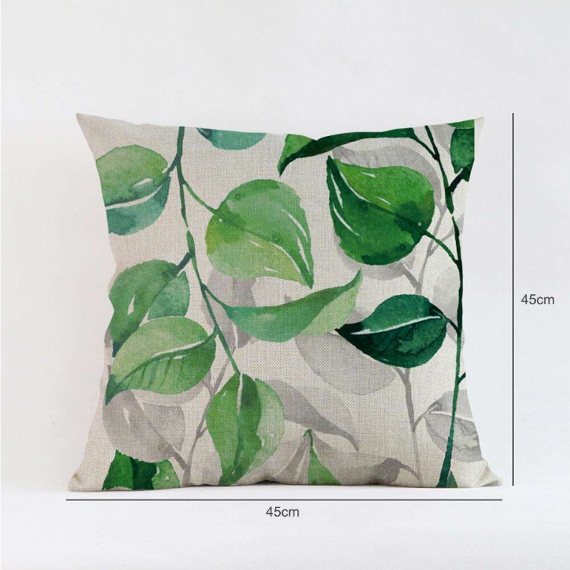 Green Leaf Print Linen Invisible Zip Pillow Case Cushion Cover Home Decor(A