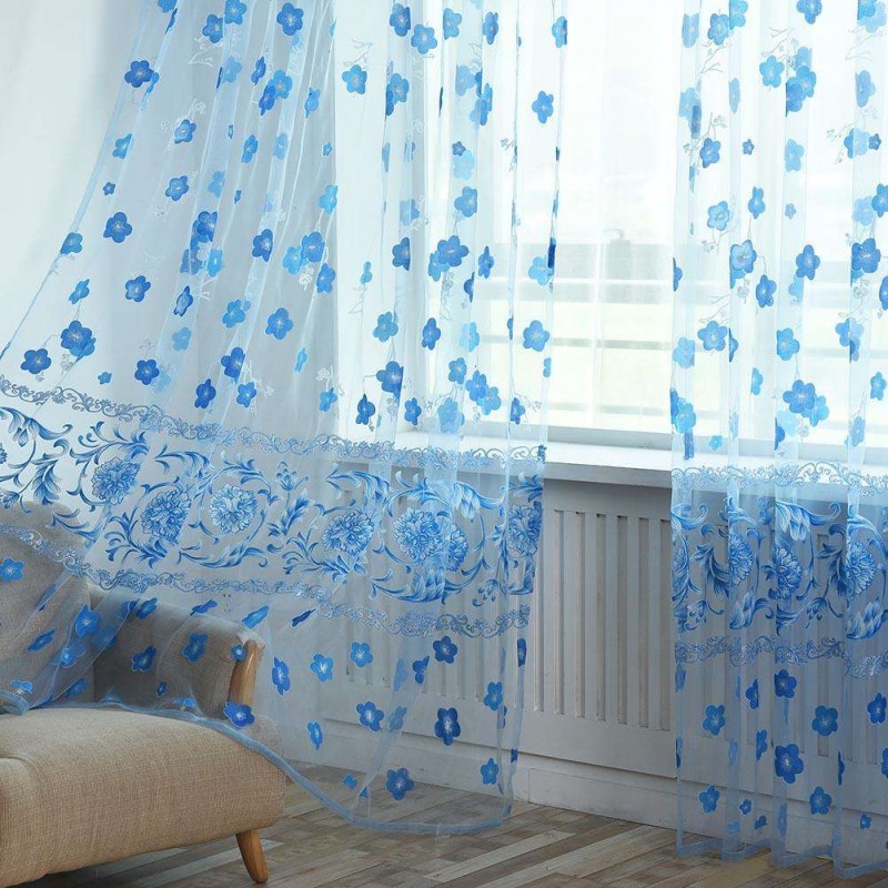 Primrose Yarn Tulle Living Window Curtain Screening for Home Decor(Blue)