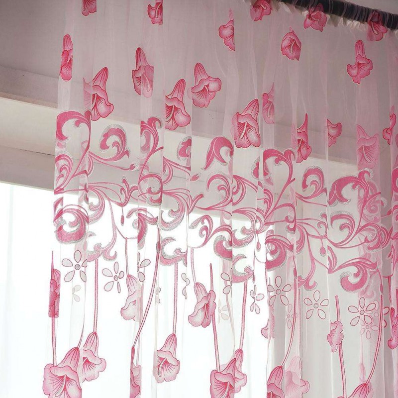 Morning Glory Print Window Curtain Yarn Tulle Sheer Panel Voile Purdah(Pink